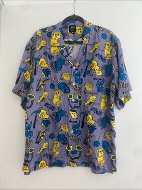 Brain Dead Caricatures Hawaiian Bowling Camp Shirt Plum Blue Yellow Viscose XL